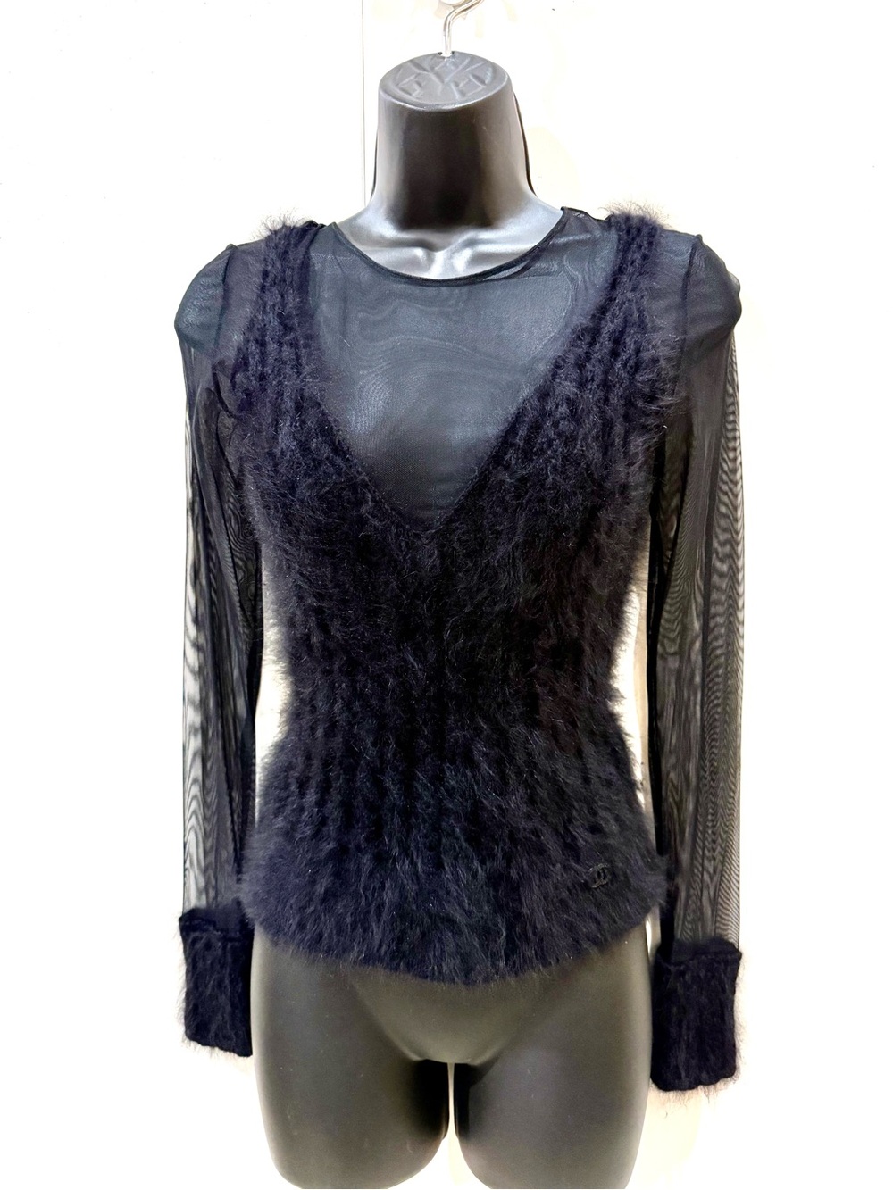CHANEL Sheer Long-Sleeve Top with Angora V-Neck Tank and cuffs Layer - Black
